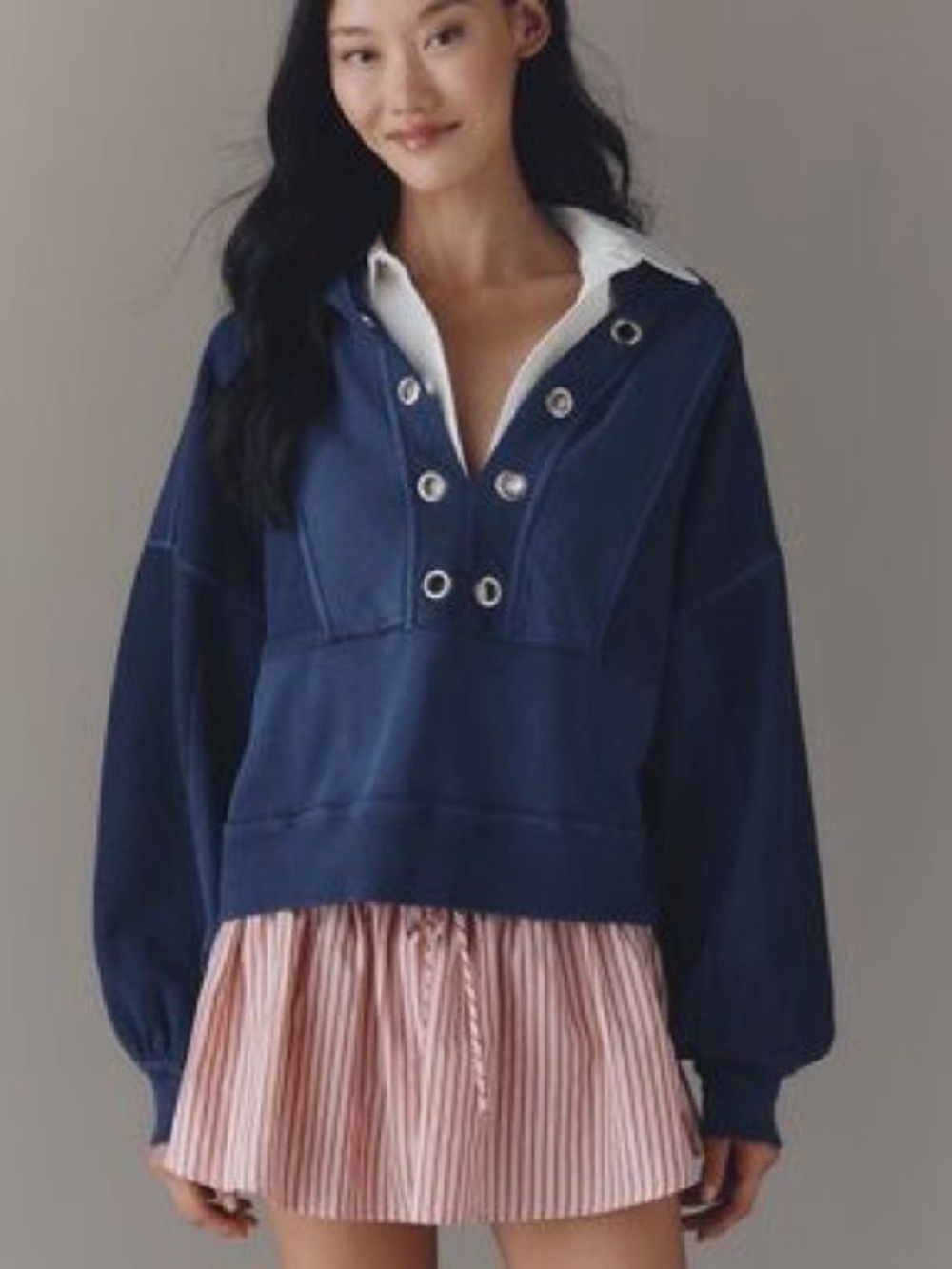 Anthropologie Pilcro Cotton Grommet Hooded Sweatshirt Navy Blue Medium